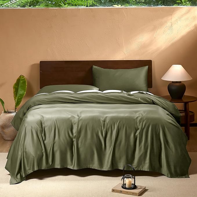 EVERLY Full Sheets Set,Luxuriously 400 Thread Count Organic Viscose Derived from Bamboo Bed Sheet,Cooling Sheets for Full Size 4 Piece Deep Pockets Bedding Sheets &Pillowcases-Olive Green