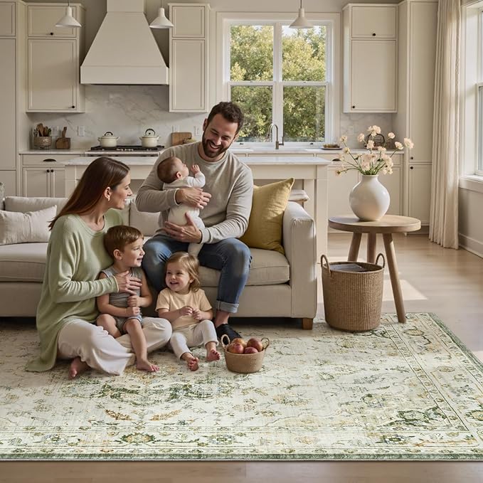 PADOOR-Vintage Area Rug 9X12 Rugs for Living Room-Soft Green Rugs for Bedroom-Machine Washable Rug Non Slip Carpet-Rug for Dining Room Living Room Bedside Office