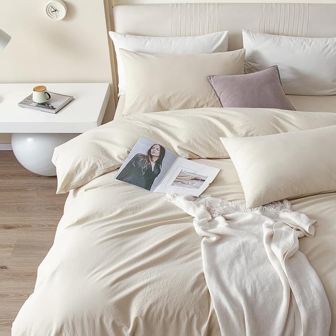 JIYUAN 100% Washed Cotton Duvet Cover Set 3 Pieces Super Queen, 1 Duvet Cover 90x98 Inches(Comforter Not Included) and 2 Pillowcases,Linen Feel Bedding Set Comfy and Breathable,Heathered Beige