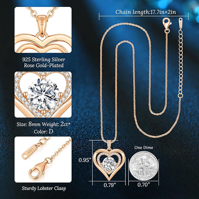 Moissanite Heart Pendant Necklaces for Women, 925 Sterling Silver Gold Plating Lab-Created Gem Necklace Engraved with 'I LOVE YOU', Ideal Anniversary Birthday Christmas Valentine Engagements Mothers Day Jewelry Gifts for Mom Wife Girlfriend Daughter Her