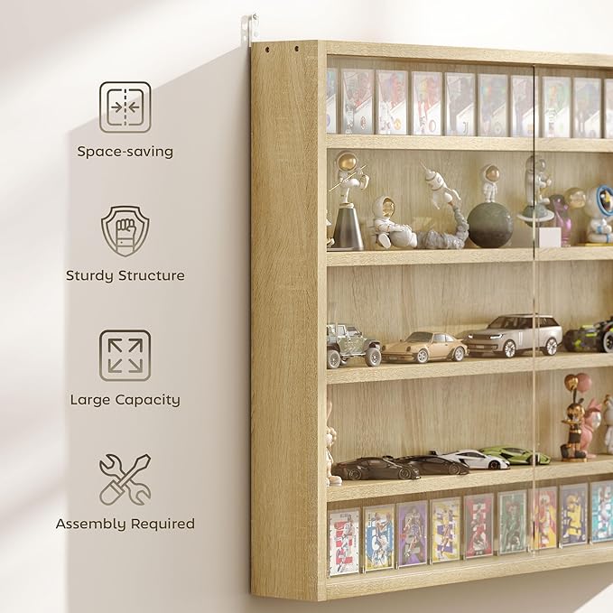 HOMCOM 5-Tier Display Cabinet, Glass Door Cabinet with Adjustable Shelves, Wall-Mounted Display Case for Playroom, Bedroom, Oak
