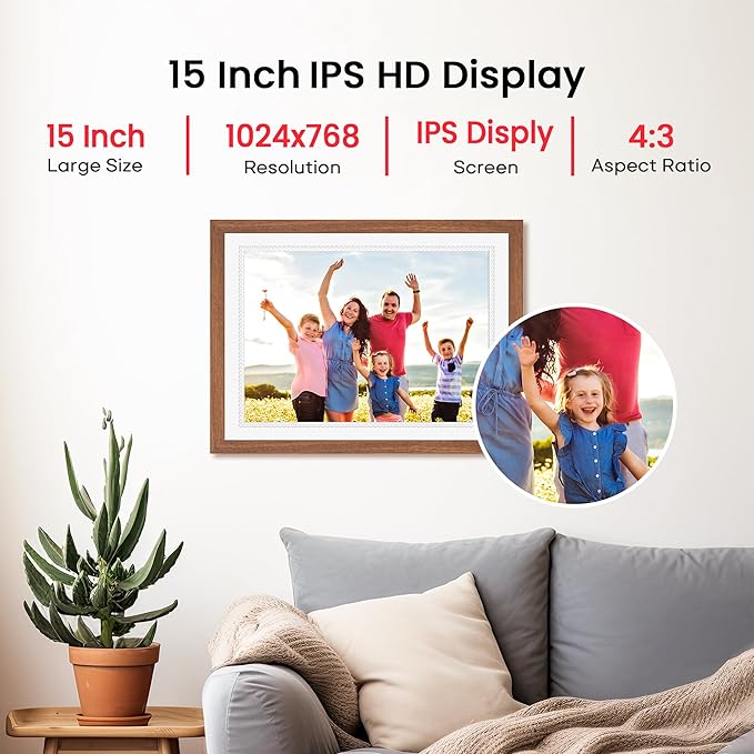 15 Inch Large Digital Picture Frame, Frameo Digital Frame WiFi with 4:3 HD IPS Touch Screen 32GB Storage, Support Tabletop&Wall Mounted, Share Photos/Videos Instantly from Anywhere, Gifts for Mom