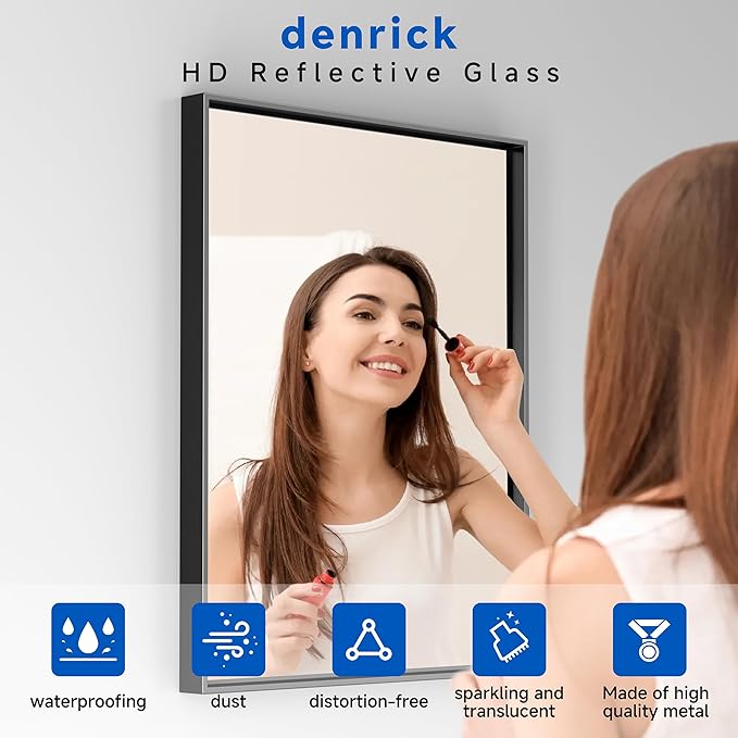DENRICK 16x20 inch Black Frame Mirror, Wall Bathroom Vanity Mirror, Modern Rectangular Round Corner Matte Frame (Horizontal/Vertical)