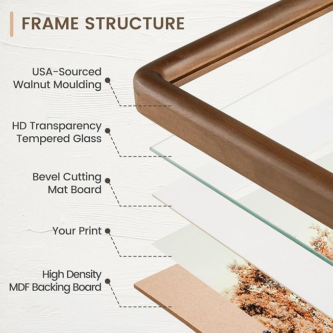 11x14 Picture Frame, Solid Walnut Wood Frame with Real Glass, Hard Wood 11 by 14 Photo Frame for Wall & Tabletop Display, 11x14 Picture Frame Matted to 8x10, Natural Walnut Color