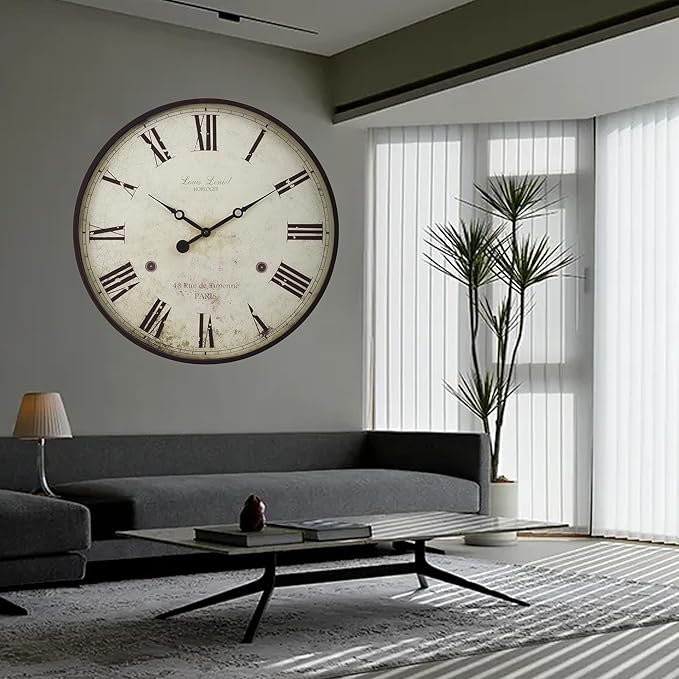 Large Farmhouse Wall Clock,20 inch Rustic Roman Numeral Big Wall Clock for Living Room, Kitchen, Living Room, Bedroom,Battery Operated, Dark White