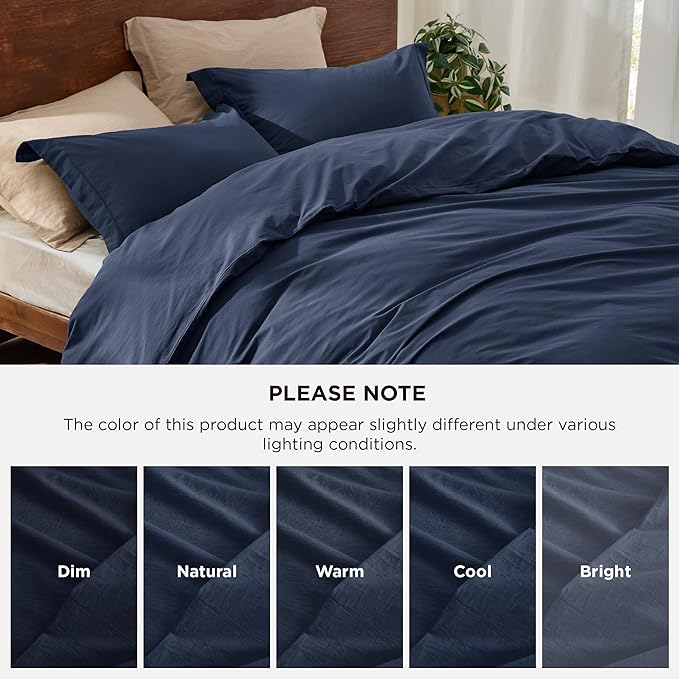 Bedsure 100% Washed Cotton Duvet Cover King Size - Navy Minimalist Cotton Duvet Cover Linen Like for All Seasons - GentleSoft™ Plain Simple Bedding, 3 Pieces (Navy, King, 104"x90")