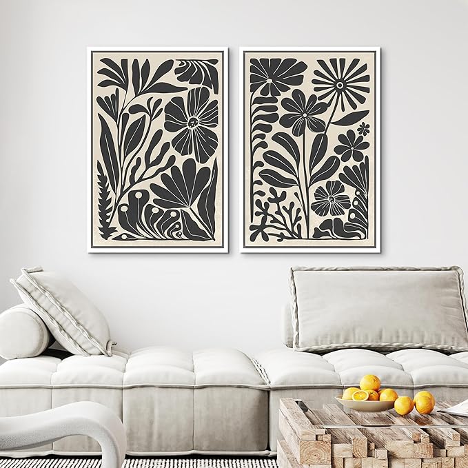 MUDECOR Framed Canvas Wall Art Abstract Floral Botanical Prints Minimalist Modern Art Boho Wall Decor for Bedroom - 24"x36"x2 White
