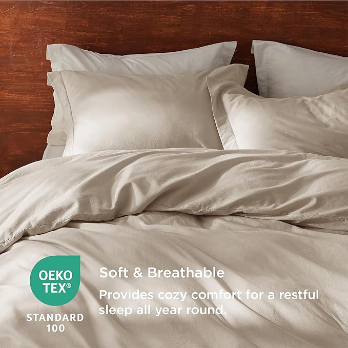 Bedsure 100% Washed Cotton Duvet Cover Oversized King - Greige Minimalist Cotton Duvet Cover Linen Like for All Seasons - GentleSoft™ Plain Simple Bedding, 3 Pieces (Greige, Oversized King, 120"x98")