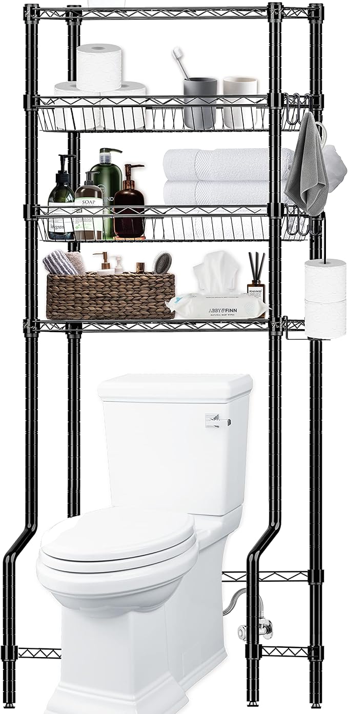 Bathroom Organizer Over The Toilet Storage, 4-Tier Metal Bathroom Over Toilet Storage Shelf Rack Freestanding Space Saver with Adjustable Shelves and Baskets, Black
