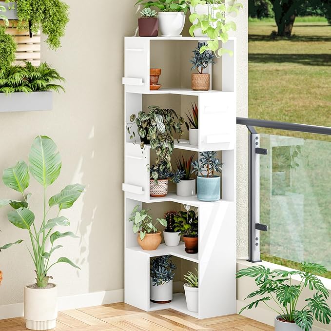 PPAMAPIC 5 Tier Corner Bookshelf, 63" Tall L Shaped Bookcase, Corner Cabinet, Wood Grain Shelf Display Rack for Kitchen, Bedroom, Living Room (White)