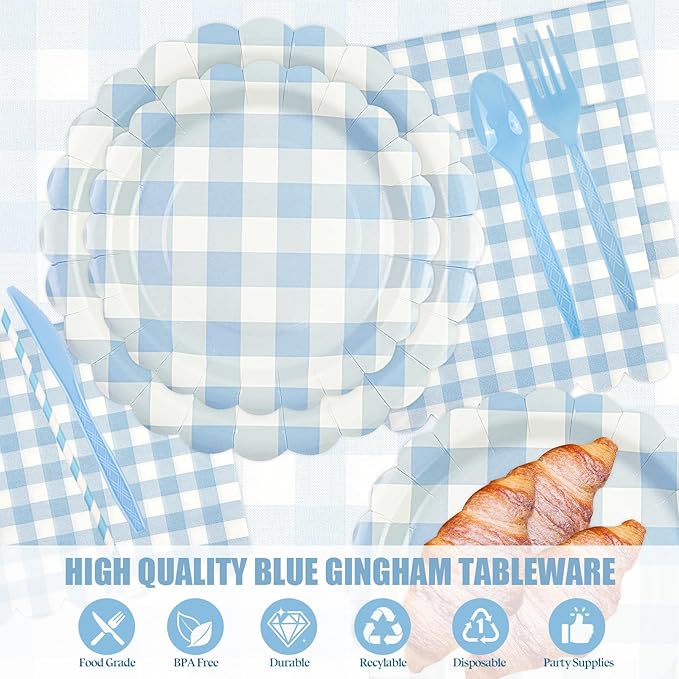 400PCS Light Blue Gingham Party Supplies, Scalloped Disposable Tableware Set Includes Paper Plates Napkins Cups Straws Forks Knives Spoons for Baby Shower Birthday Wedding Decorations, Serve 50