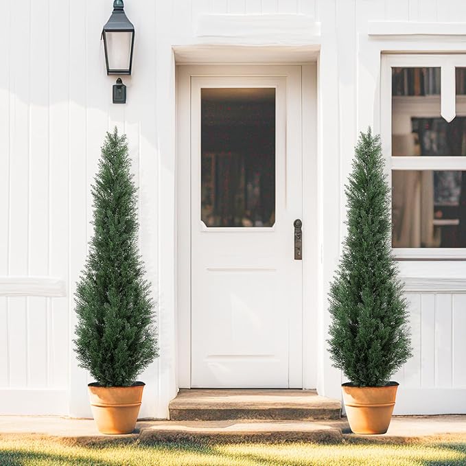 5FT Artificial Cedar Trees - Realistic Faux Evergreen Topiary Bushes Plants - Outdoor Potted Fake Cypress Shrubs for Front Porch Garden Home Decor - Set of 2