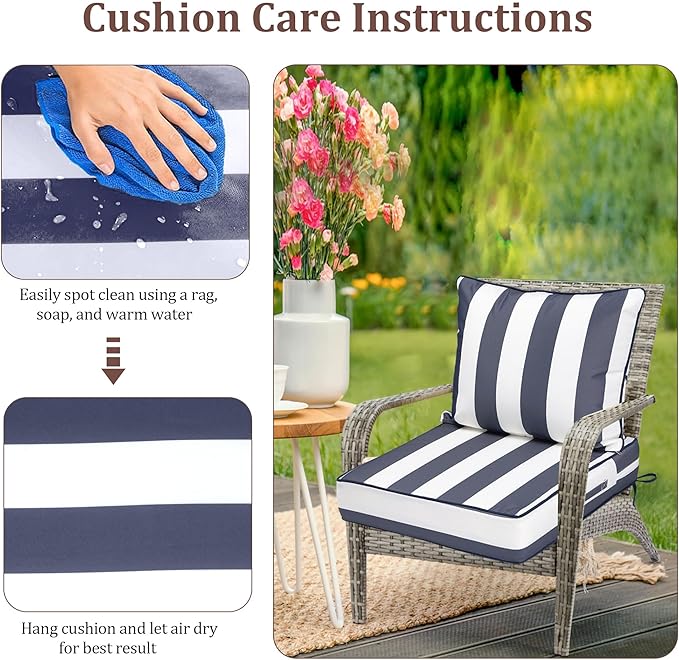 Waterproof Outdoor Chair Cushion Set of 3, 24x24x5 IN Deep Seat Patio Cushions with Fade Resistant Removable Cover,Outdoor Cushions for Patio Furniture with Ties&Handle for Chair Sofa Couch,BlueStripe