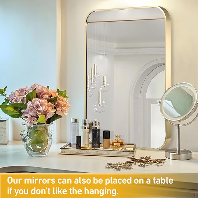 FARMER 20x28 Inch Gold Bathroom Mirrors for Wall, Framed Bathroom Vanity Mirror with Rounded Edge, Brushed Rectangle Mirrors for Bathroom for Washroom, Living Rooms, Hangs Horizontally or Vertically