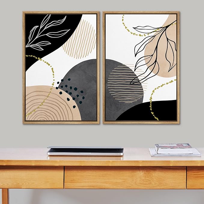 SIGNFORD Framed Canvas Print Wall Art Set Mid-Century Nordic Geometric Ring Plants Abstract Shapes Illustrations Modern Art Decorative Bohemian for Living Room, Bedroom, Office - 24"x36"x2 Natural