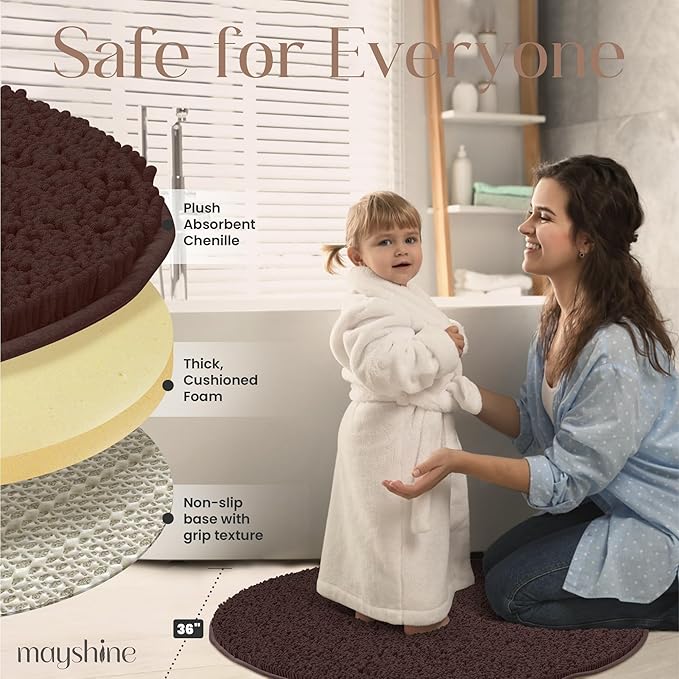 MAYSHINE Round Area Rug Set for Bathroom | Soft Plush Chenille Bath Mat, Water Absorbent Non-Slip Bathroom Rug | Washable Shag Carpet for Shower, Bedroom, or Home Décor | 36"x36" (Round) | Brown