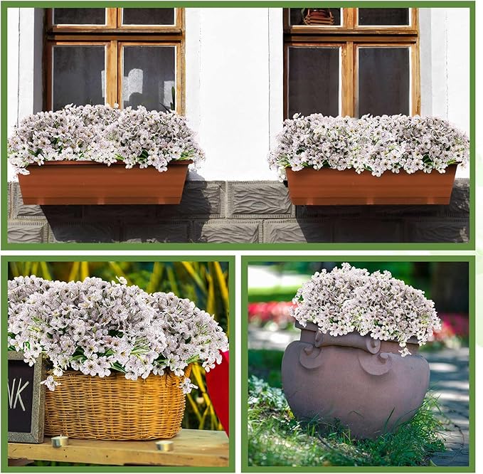 Zeyune 56 Bundles Artificial Flowers Fake UV Resistant for Outdoor Plastic Greenery Shrubs Plants No Fade Faux Flower for Garden Porch Patio Window Wedding Party Decor(White,Bright)