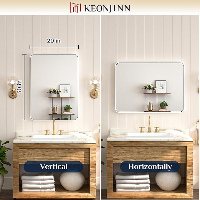 Keonjinn White Framed Mirrors for Bathroom 20 x 30 Inch Rounded Rectangle Bathroom Mirrors for Wall, White Farmhouse Mirror for Home Decor, HD Tempered Glass, Seamless Metal Frame(Horizontal/Vertical)