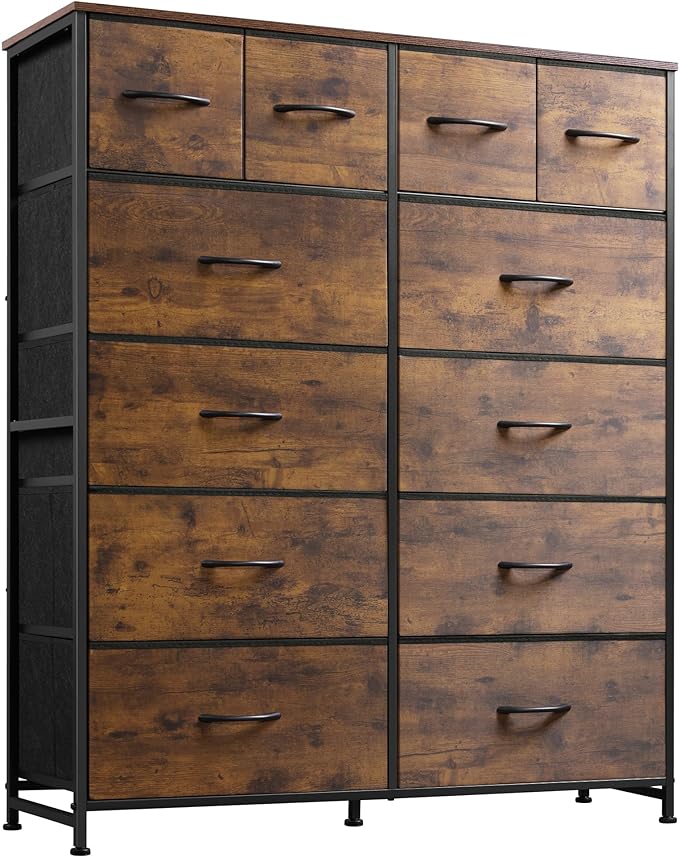 WLIVE Storage Organizer Unit with 12 Fabric Bins, Storage Drawers Organizer with Steel Frame, Tall Storage Tower Organizaton for Living Room, Hallway, Office, Rustic Brown Wood Grain Print