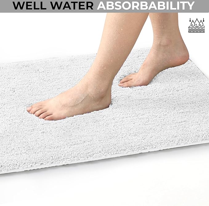 YHF Bathroom Rug Set 2 Piece, Extra Thick & Soft Microfiber Shaggy, Machine Washable Bath Mats, Absorbent Bath Rugs, Non-Slip Rubber Backing Bath Mat for Bathroom Floor, Tub and Shower, White