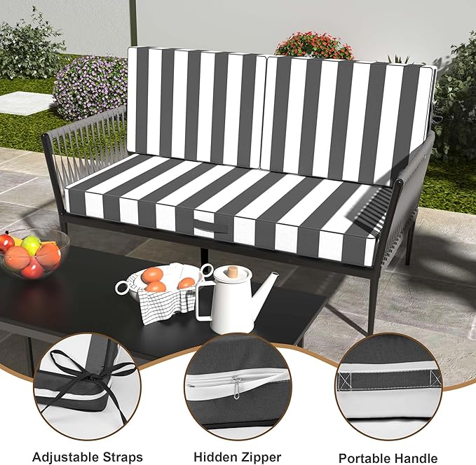 Outdoor Loveseat Cushion Set 46 x 26 Inch, Waterproof & Fade-Resistant Deep Seat Patio Cushions with Removable Cover, Ties & Hidden Zipper,Patio Love Seat Sofa Cushions for Sofa Bench Couch,GrayStripe