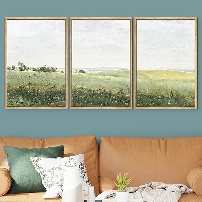 SIGNWIN Framed Canvas Print Wall Art Set Green Pasture Countryside Flower Field Nature Abstract Illustrations Modern Art Decorative Nordic Rustic for Living Room, Bedroom, Office - 24"x36"x3 Natural
