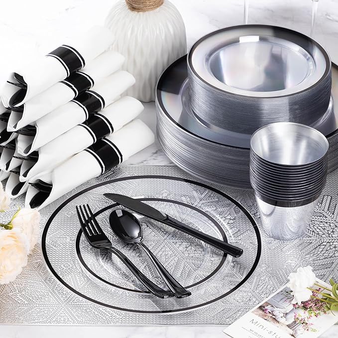 Goodluck 350 Piece Black Plastic Dinnerware Set for Party, Clear Disposable Plates for 50 Guests, Include: 50 Dinner Plastic Plates, 50 Dessert Plates, 50 Pre Rolled Napkins with Cutlery Set, 50 Cups