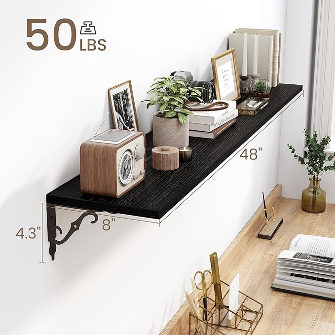 Fun Memories Large Floating Shelves for Wall 48 Inches Long, 8 Inch Deep Shelves with Metal Bracket, 48 Inch Floating Shelves Wall-Mounted, Wide Display & Storage Bookshelves, Black, Set of 2