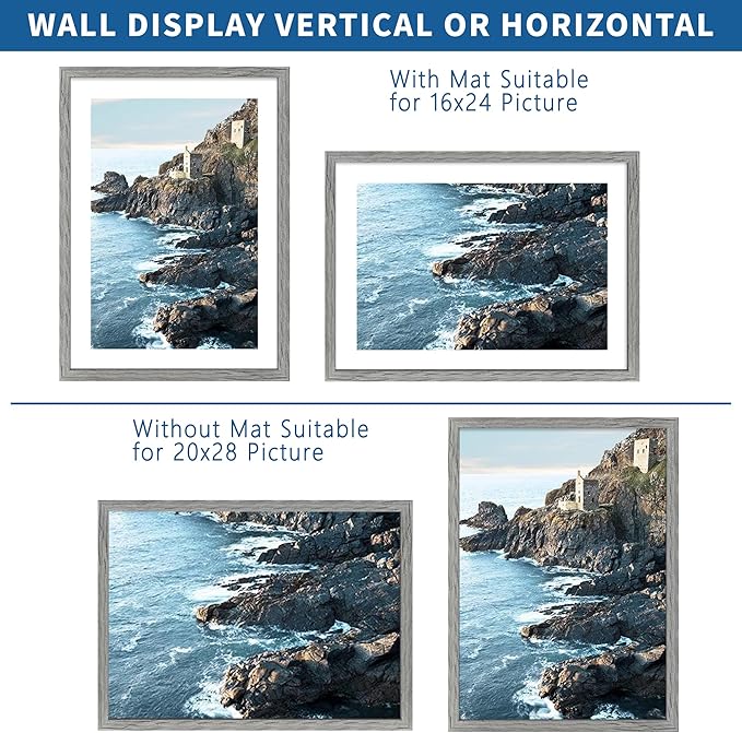 20x28 Picture Frame Set of 2, Rustic Grey Wood Style - Display 16x24 Picture with Mat or 20 x 28 Poster without Mat, Wall Mounting Horizontal and Vertical