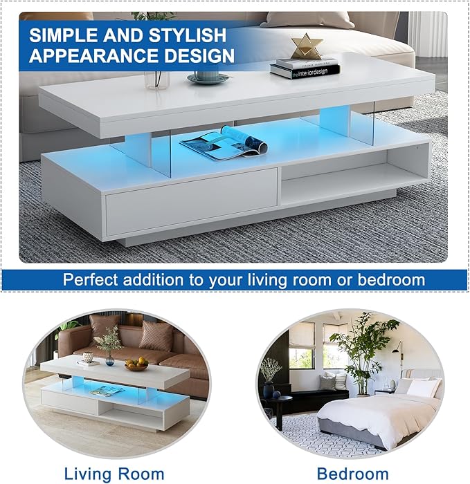 LED Coffee Table with Storage, High Glossy LED Coffee Tables for Living Room, Center Table with Open Display Shelf & Sliding Drawers, (White)