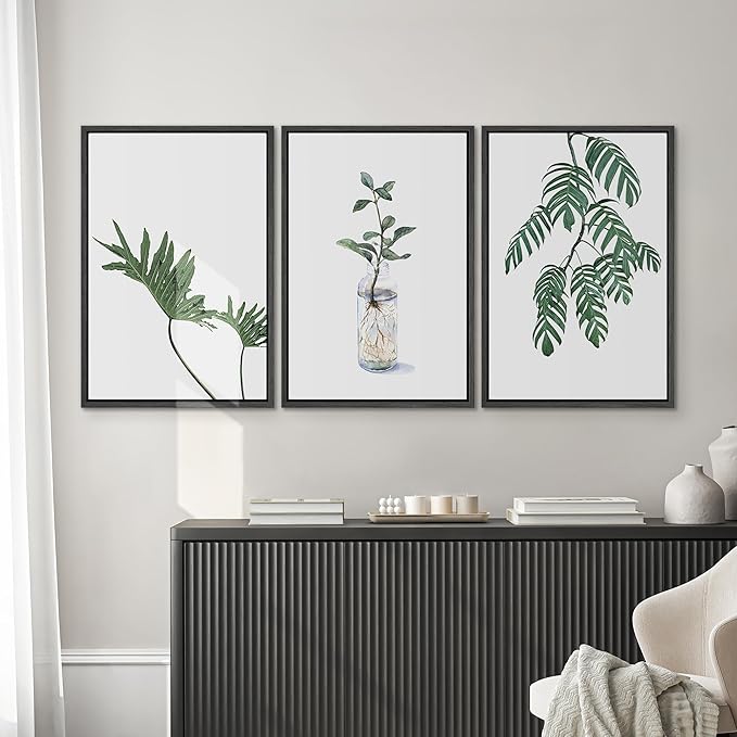SIGNWIN Framed Wall Art Print Set Trio of Jungle Palms & Snake Succulents Floral Plants Photography Modern Art Minimalist Black and White for Living Room, Bedroom, Office - 24"x36"x3 Black