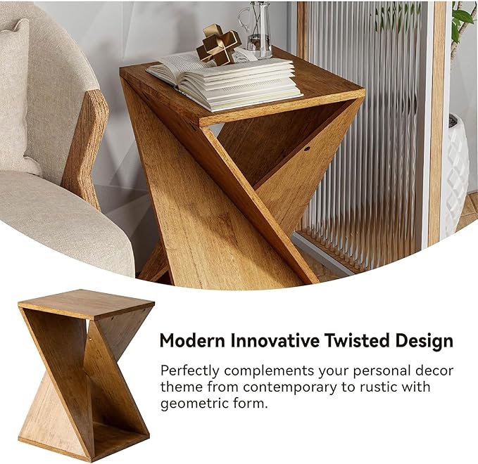 Farmhouse End Table Square Solid Wood Pedestal Side Table Rustic Plant Stand with Twisted Design for Living Room, Bedroom, Office, Natural Wood