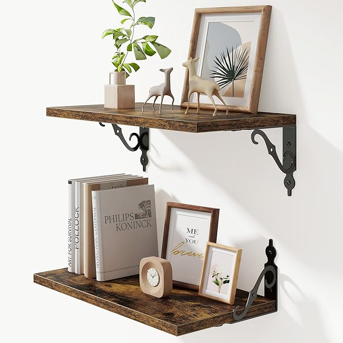 16 Inch Deep Floating Shelves for Wall, 8 Inch Deep Floating Shelf with Bracket, Wall Shelves 16 Inches Long, Wide Display & Storage Shelves for Living Room, Bathroom, Bedroom, Rustic Brown, Set of 2