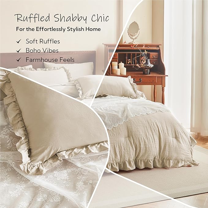 MR&HM Full Ruffle Comforter Set Linen, Farmhouse Shabby Chic Bedding Comforter Set, Boho Bed in a Bag Set 7 Pieces with 1 Comforter, 1 Flat Sheet, 1 Fitted Sheet, 2 Pillowcases & 2 Pillow Shams