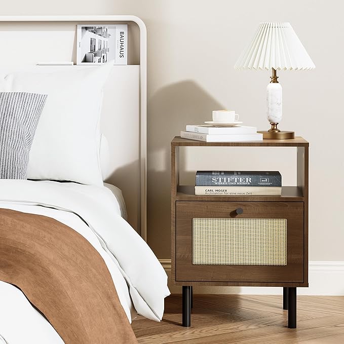 Rattan Nightstand with Storage Boho Modern Farmhouse Bedside Table with Drawer & Open Shelf Light Wood End Table for Bedroom, Living Room, Office, Dorm - Natural Walnut 0ak Color