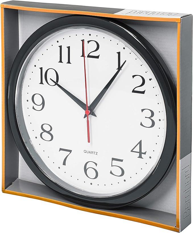 Bernhard Products Black Wall Clock Silent Non Ticking 10 Inch Quality Quartz Battery Operated Round Easy to Read Home/Office/Kitchen/Classroom/School Clock Sweep Movement
