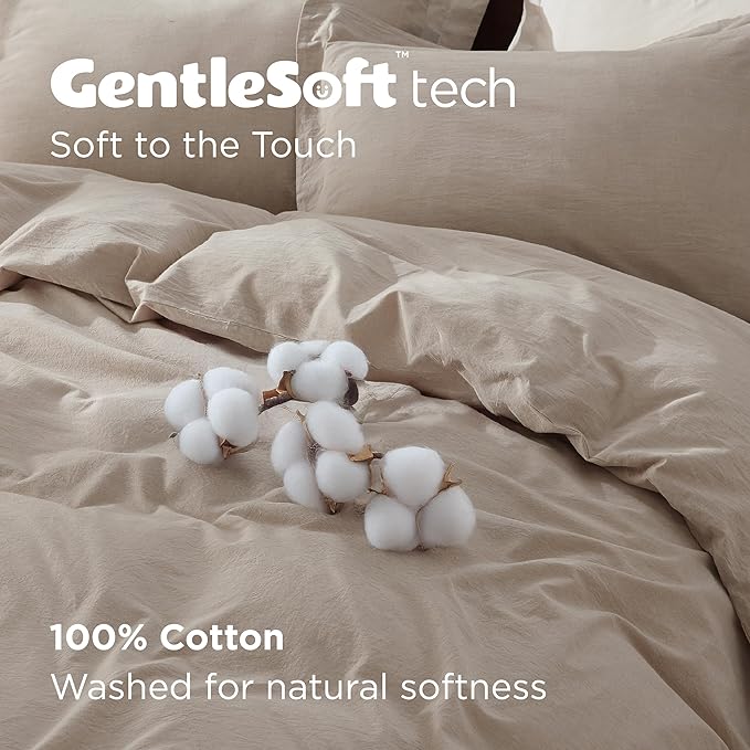 Bedsure 100% Washed Cotton Duvet Cover Twin - Khaki Minimalist Duvet Cover Linen Like for All Seasons - GentleSoft™ Plain Simple Cotton Bedding, 2 Pieces (Khaki, Twin, 68"x90")