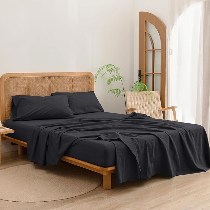 BESTOUCH Sheet Set 100% Washed Cotton Linen Feel Super Soft Comfortable Chic Lightweight 4 Pcs Home Bedding Set Solid Deep Black King