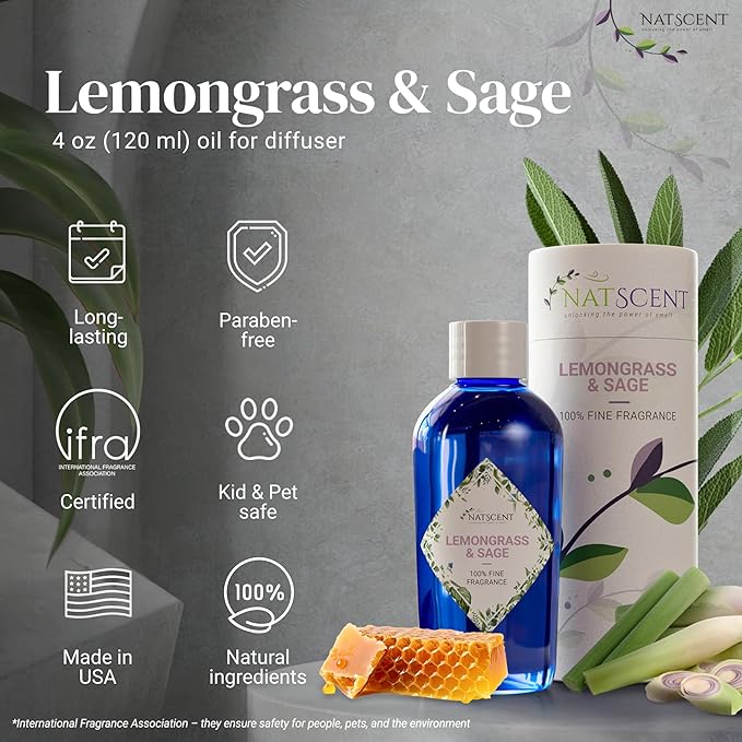 Lemongrass & Sage Essential Oils for Diffusers for Home, Nature-derived Essential Oil, Long-Lasting & Family-Friendly Diffuser Oils Scents, IFRA Certified, Cold Air & Ultrasonic - 4 oz