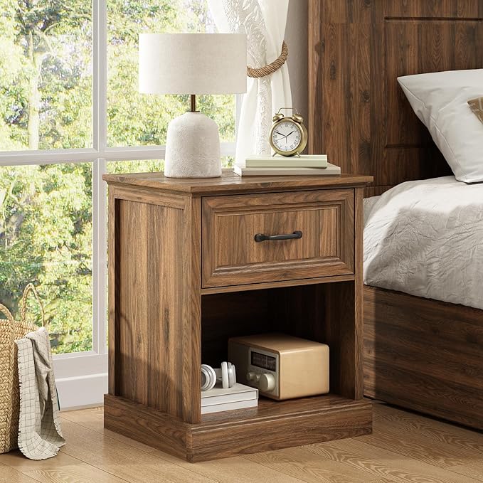 CARPETNAL 20" Farmhouse Nightstand Set of 2, End Table with Large Drawers & Open Storage, Side Table, Bedside Table for Bedroom, Living Room, Walnut