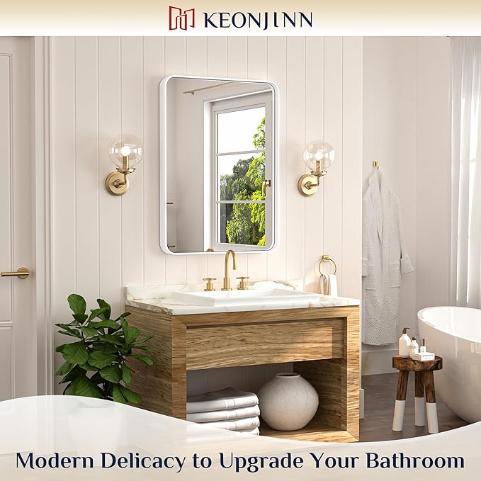 Keonjinn White Framed Mirrors for Bathroom 20 x 30 Inch Rounded Rectangle Bathroom Mirrors for Wall, White Farmhouse Mirror for Home Decor, HD Tempered Glass, Seamless Metal Frame(Horizontal/Vertical)