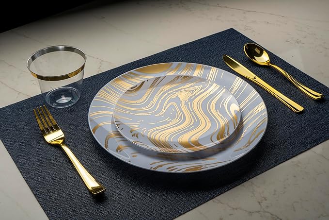 MONEST 350Pcs Gold Plastic Silverware Set for 50 Guests, Disposable Dinnerware Set includes: 50 Pre Rolled Napkins with Utensils, 50 Dinner Plates, 50 Dessert Plates, 50 Cups (Gold Wave)