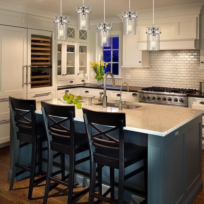Kitchen Island Lighting, Pendant Lighting for Dining Room Kitchen Island Lighting Farmhouse Chandelier, 5 Light Hanging Linear Chandelier Brushed Nickel Pendant Lights with Clear Glass Shades