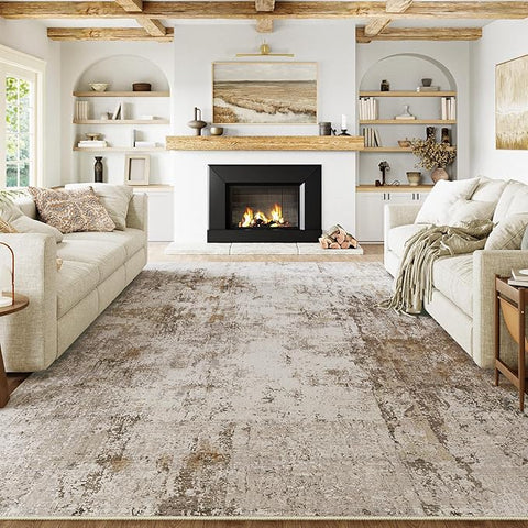 10x12 Washable Area Rug Brown Grey Abstract Neutral Living Room Bedroom Large Throw Rug Non Slip Soft Distressed Low Pile Indoor Floor Carpet for Kitchen Office Entryway