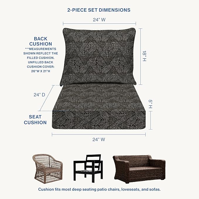 Honeycomb Outdoor Essentials Deep Seat, 24 x 24, Zaire Black Chair Cushion for Patio Furniture