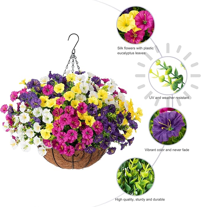 Artificial Faux Hanging Flowers Plants Baskets for Outdoors, Fake Silk Morning Glory in Planter UV Resistant Realistic Artificial Flower for Outside Porch Patio Balcony Garden Yard Home Decor