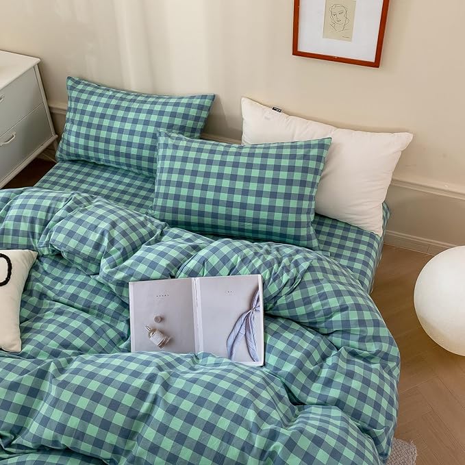 VM VOUGEMARKET Green Plaid Bedding Set Queen 3 Pieces Denim Blue Checkered Duvet Cover with Zipper Ties 2 Pillowcases 100% Washed Cotton Luxury Soft Breathable Durable