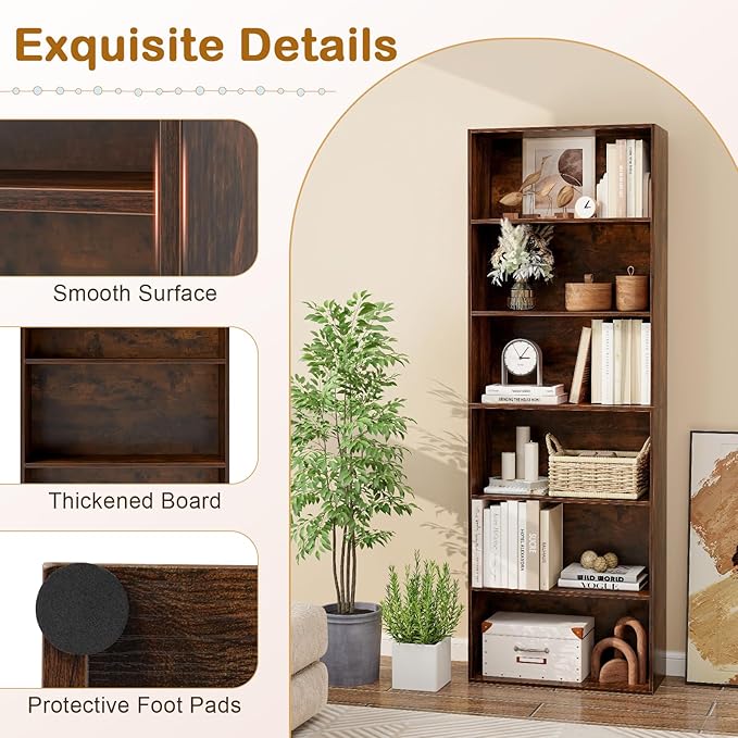 Tangkula 6-Tier Bookcase, 70” Tall Freestanding Bookshelf with 6 Open Shelves, Anti-Toppling Kits, Floor Display Storage Organizer for Living Room, Study, Kitchen, Home & Office (Rustic Brown, 70" H)