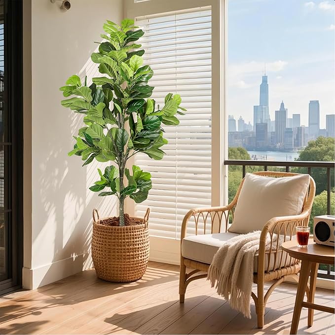 Worth Garden 74.8in Artificial Fiddle Leaf Fig Tree 6.2ft Tall Fake Plant with Pot, Indoor Outdoor Greenery for Home Office Living Room Bedroom Decoration