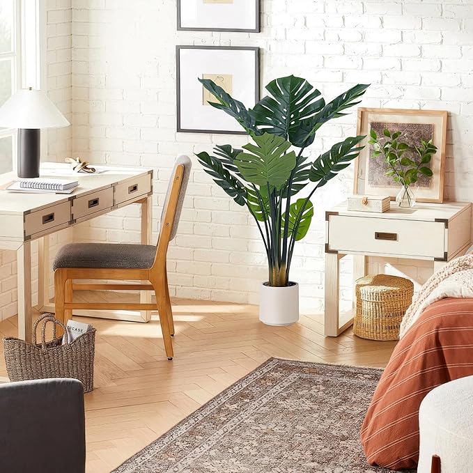 Artificial Monstera Deliciosa Plants, 4FT Faux Monstera Plant with White Planter, Swiss Cheese Plant with Green Leaves Stems, Fake Tropical Silk Tree for Indoor Office House Living Room Home Decor